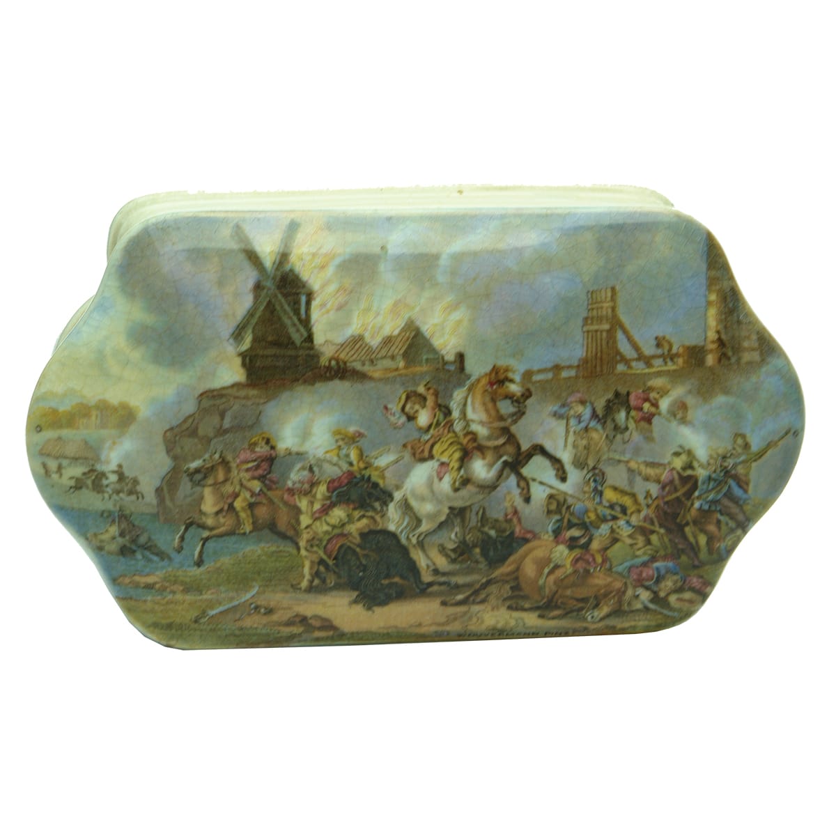 Prattware Lid. Battle Scene. Wouvermann Pinx! Fancy shape, with correct fancy base.