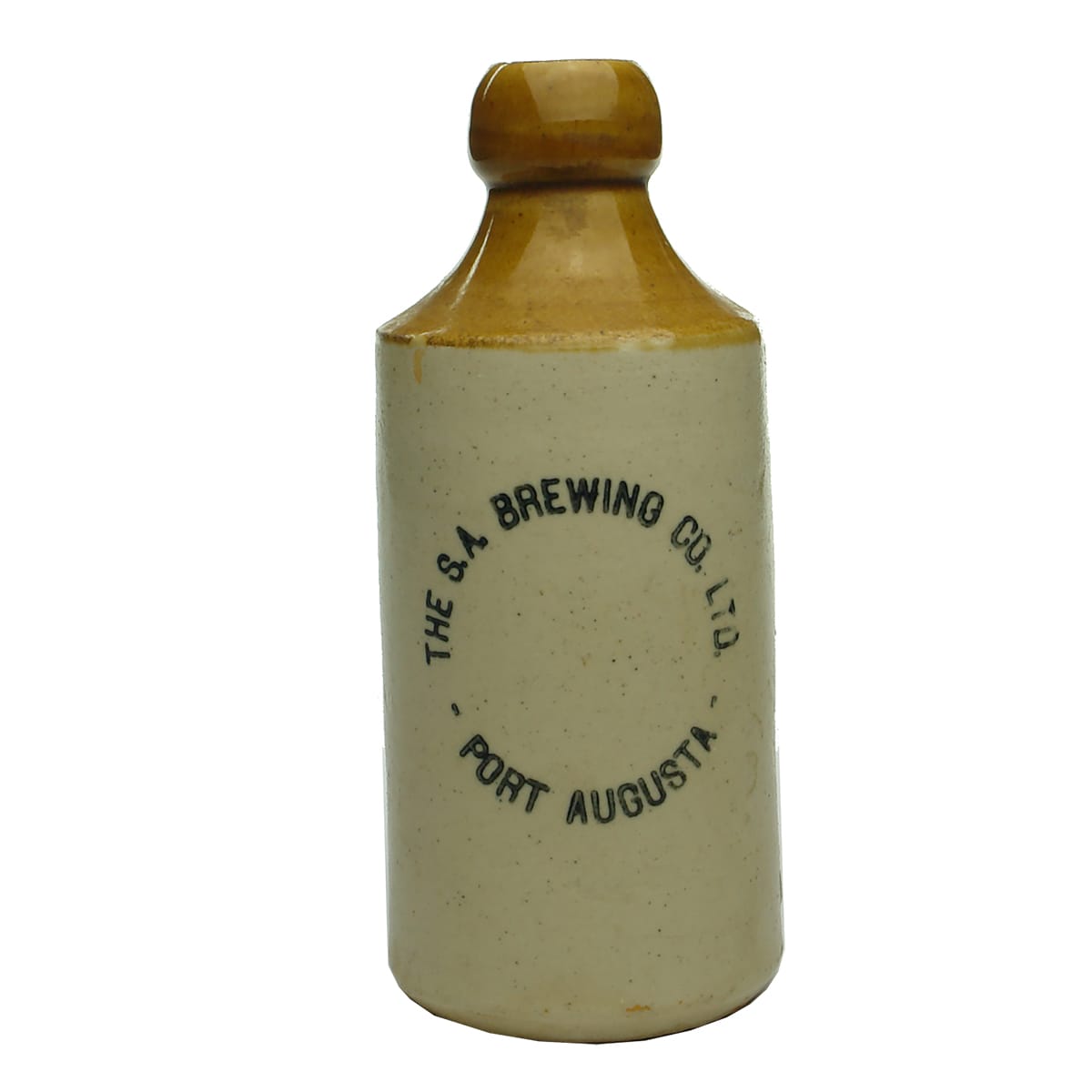 Ginger Beer.  S. A. Brewing Co. Ltd., Port Augusta. Cork stopper. Dump. Tan Top. (South Australia)