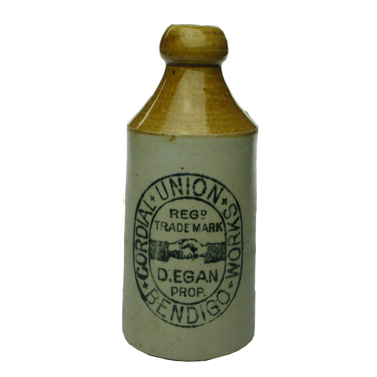 Ginger Beer. Union Cordial Works, D. Egan, Bendigo. Dump. Tan Top. Cork Stopper. (Victoria)