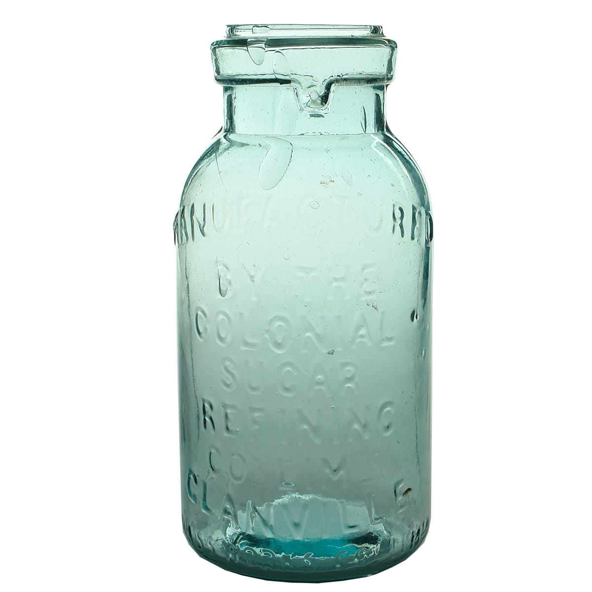 Fruit Jar. Colonial Sugar Refining Co., Glanville. Ground lip. Aqua. Quart. (South Australia)