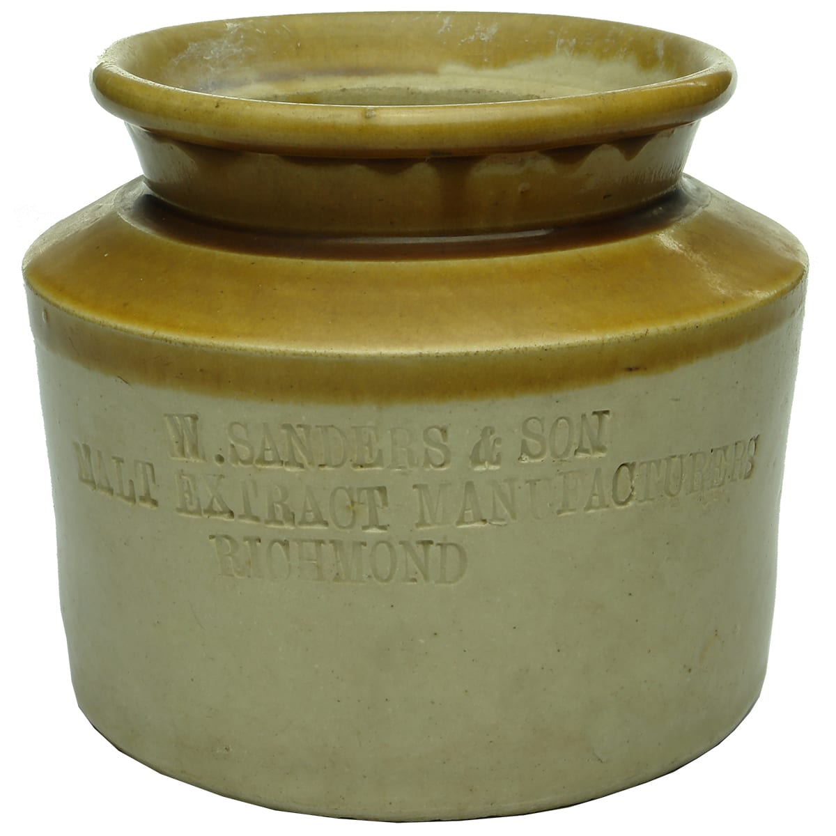 Stone Jar. Sanders (sic), RIchmond. Malt Extract. Tan Top. Quart. (Victoria)