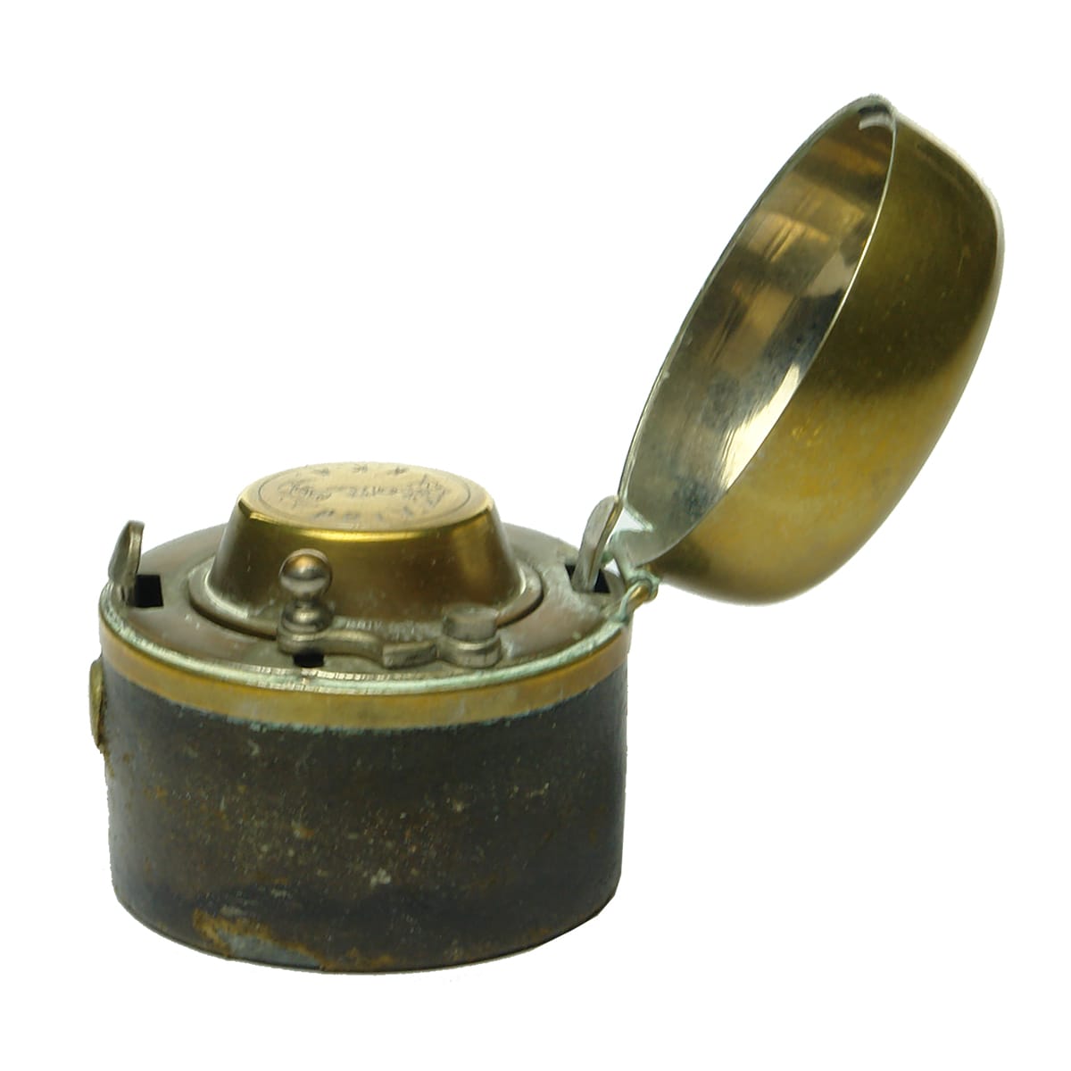 Ink. Russian Imperial Navy Inkwell, Glass inside Brass, Bound in Leather, marked K. K. A. Priv and an Eagle and Anchor.