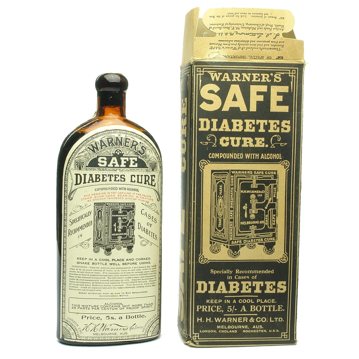 Warners Safe Diabetes Cure. Original box, labels, pamphlet and full bottle. Bottle embossed: H. H. Warner, Melbourne.