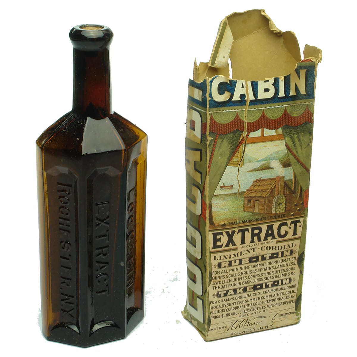 Warners Log Cabin Extract. Labelled bottle. Most of original box. Leaflet.