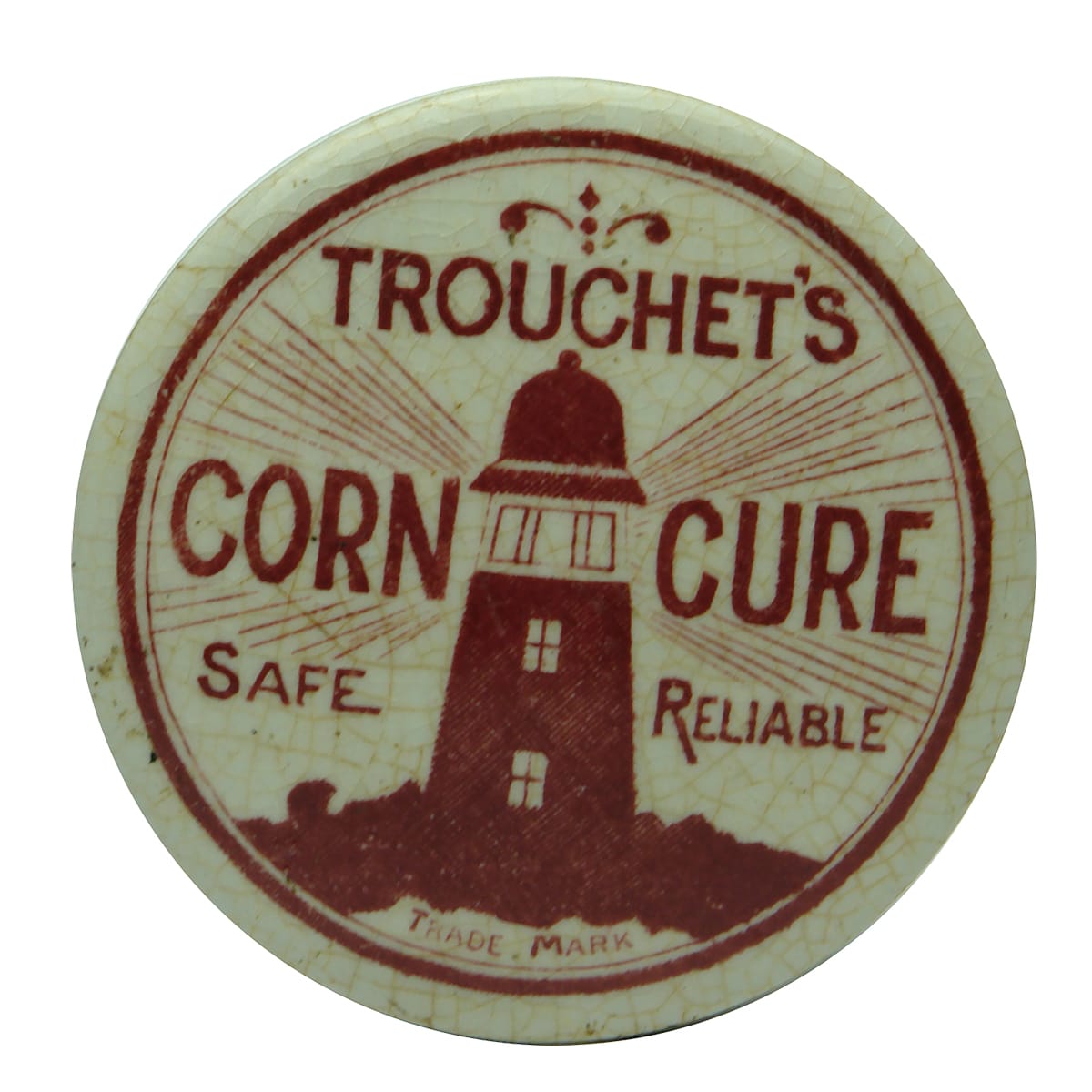 Pot Lid. Trouchet's Corn Cure. Red & White. (Western Australia)