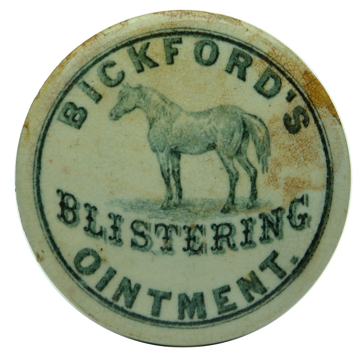 Pot Lid. Bickford's Blistering Ointment with Horse. (South Australia)