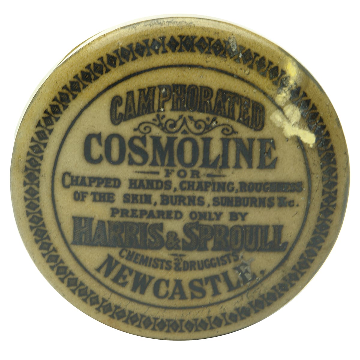 Pot Lid. Harris & Sproull, Newcastle, Camphorated Cosmoline. Round. Black and White. (New South Wales)