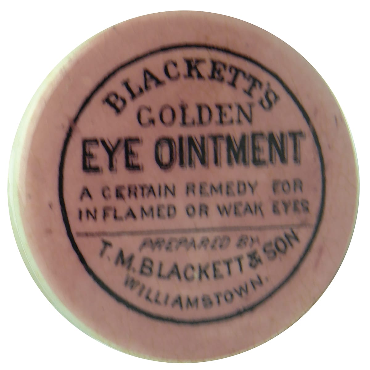 Pot Lid. Blackett's Eye Ointment, Williamstown. Black on Pink. (Victoria)