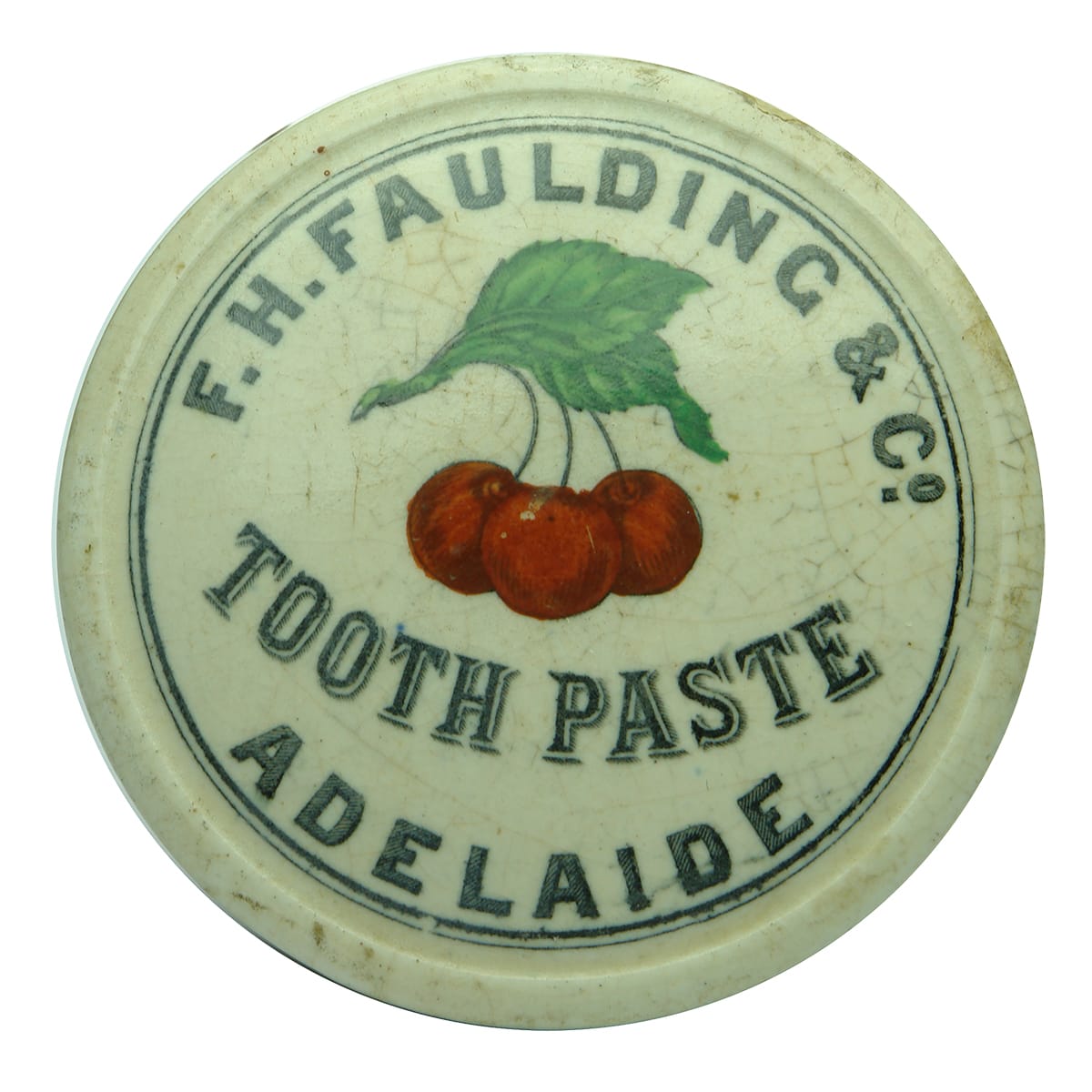 Pot Lid. F. H. Faulding & Co Tooth Paste, Adelaide, Three Cherries. (South Australia)