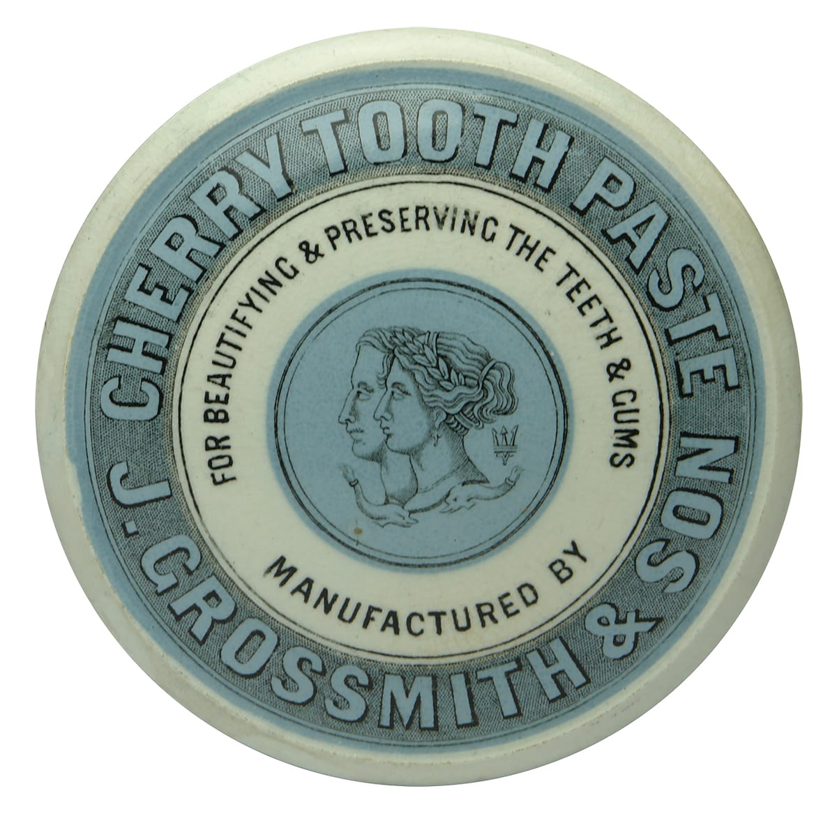 Pot Lid. Grossmith & Son. Cherry Tooth Paste. Light Blue, Black & White.