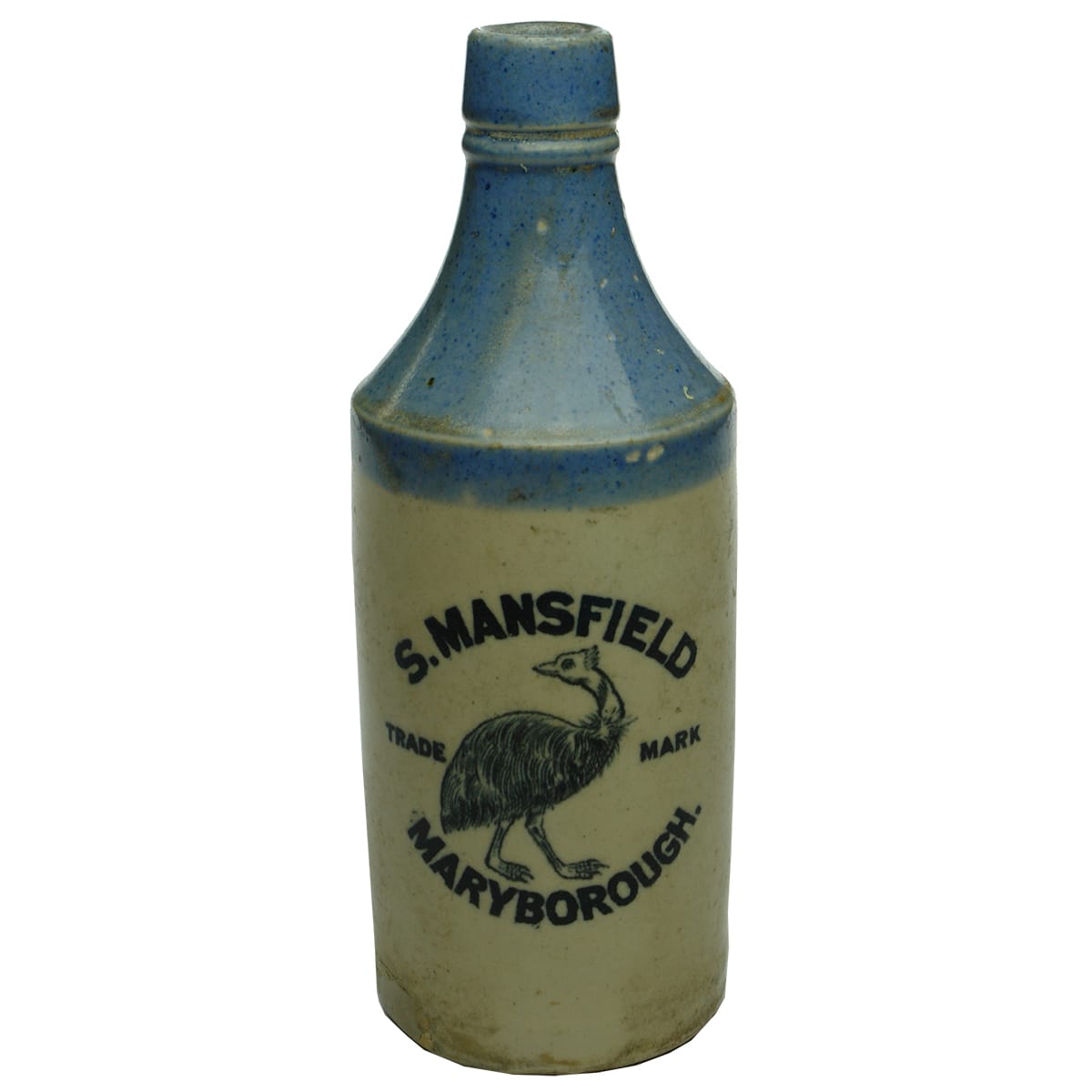 Ginger Beer. S. Mansfield, Maryborough. Emu or Cassowary. Light Blue top. (Queensland)