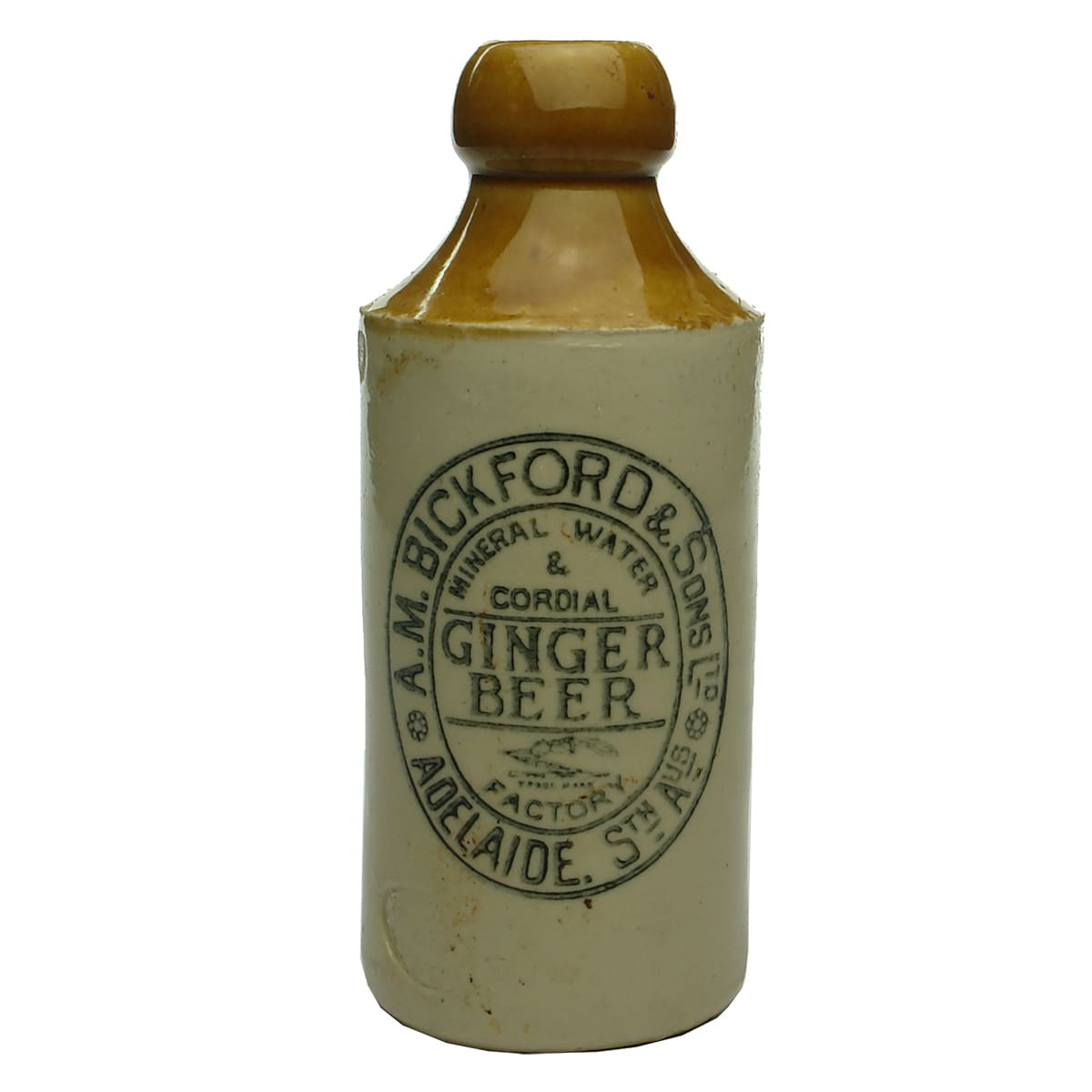 Ginger Beer. A. M. Bickford & Sons Ltd, Adelaide. R. Fowler, Sydney. Cork stopper. Tan top. (South Australia)