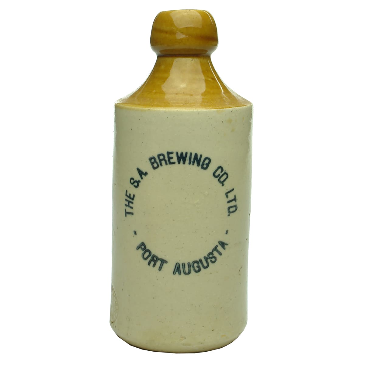 Ginger Beer.  S. A. Brewing Co. Ltd., Port Augusta. Cork stopper. Dump. Tan Top. (South Australia)