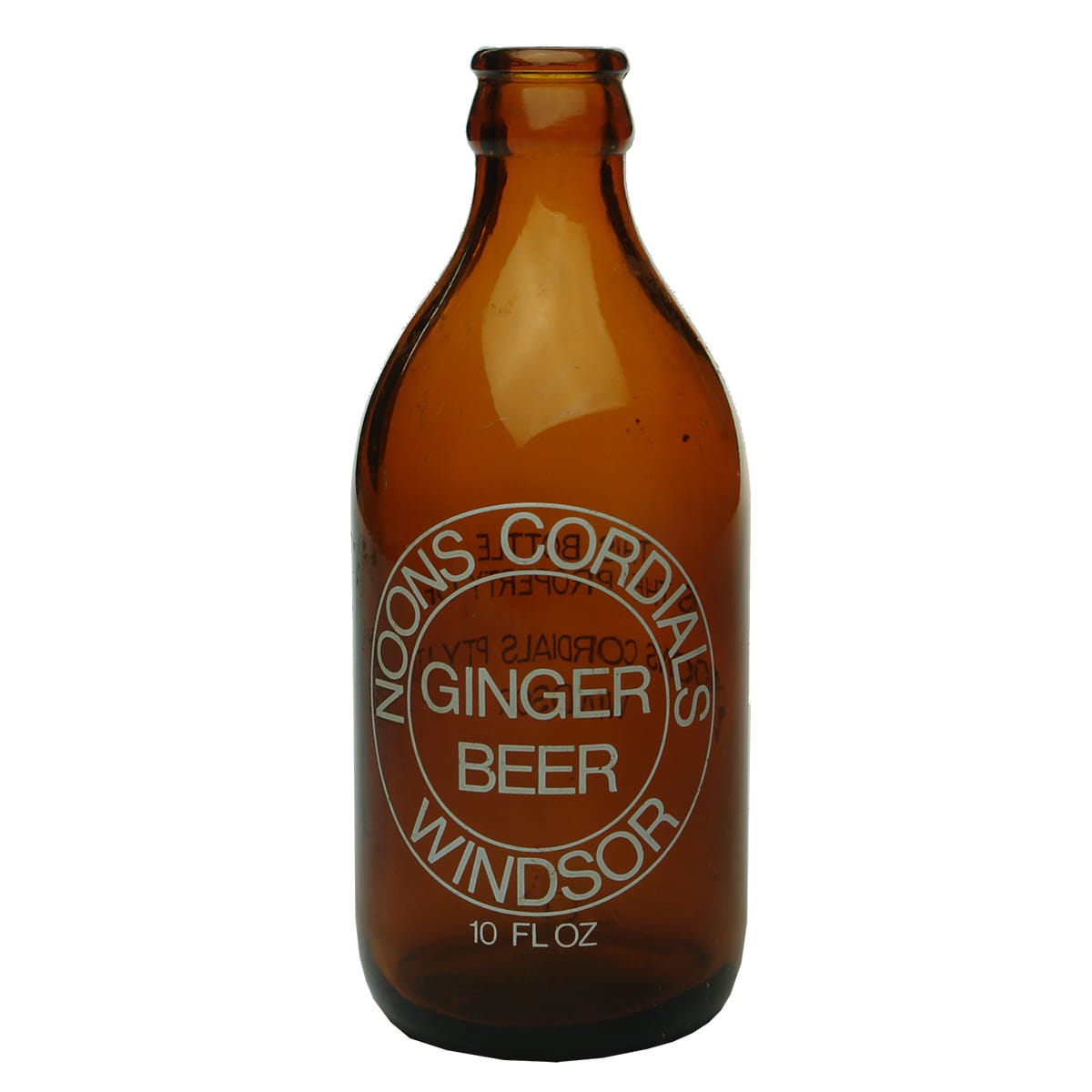 Ginger Beer.  Noons, Windsor. Glass. Amber. Ceramic Label. Dump. (New South Wales)