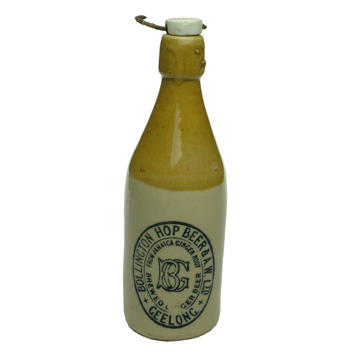 Ginger Beer. Bollington Hop Beer & Aerated Water Co, Geelong. Price Bristol stamp. Lightning Stopper. Tan Top. 10 oz. with a Bollington stopper. (Victoria)