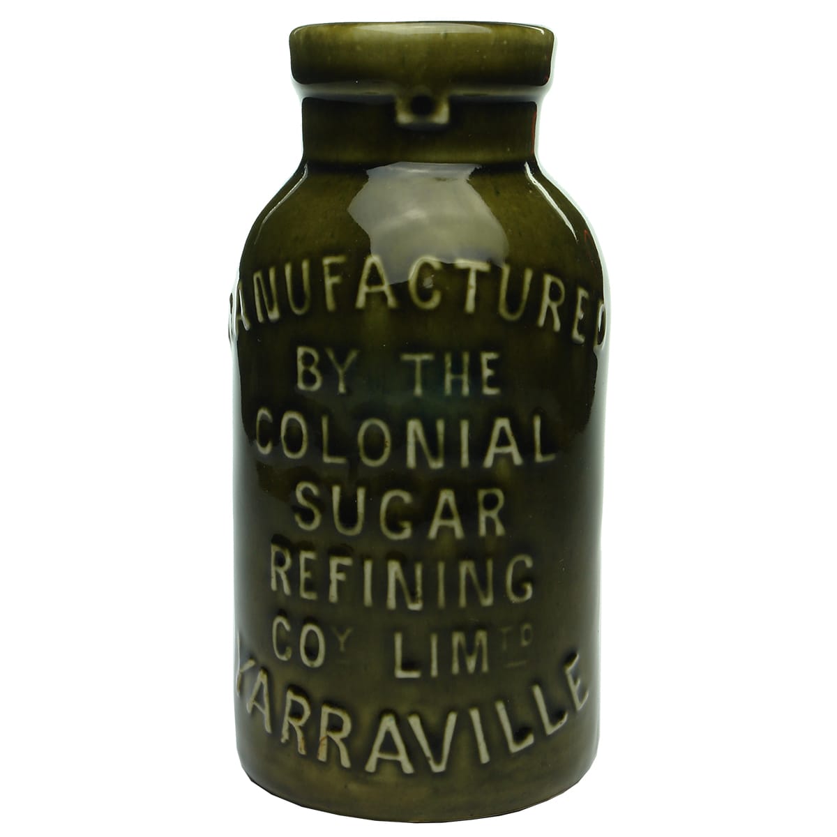 Trophy. Pottery copy of Colonial Sugar Refining Jar, Yarraville. Green glaze.