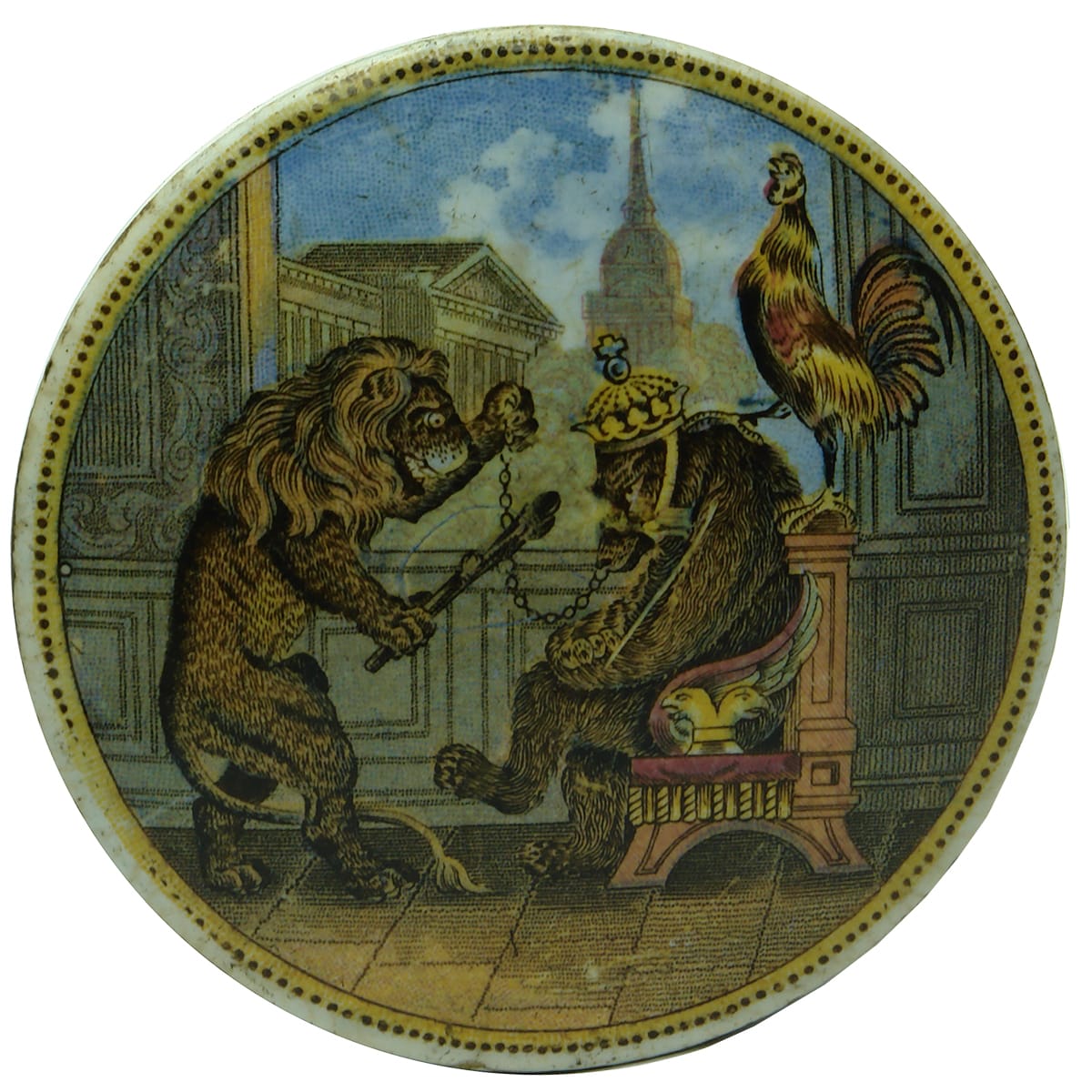 Prattware Lid. Lion, Bear & Cock. Thin border.