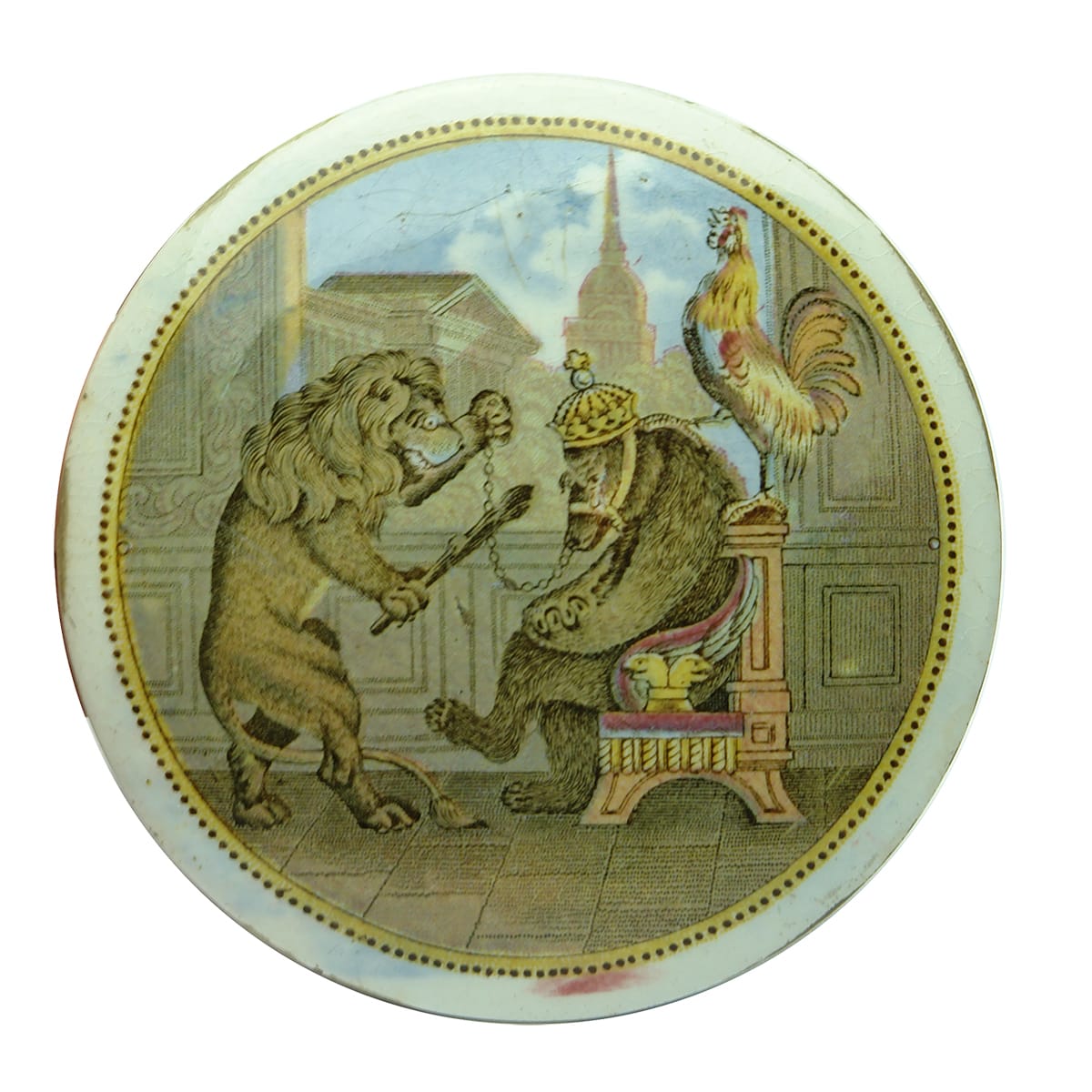 Prattware Lid. Lion, Bear & Cock. Wider white border.