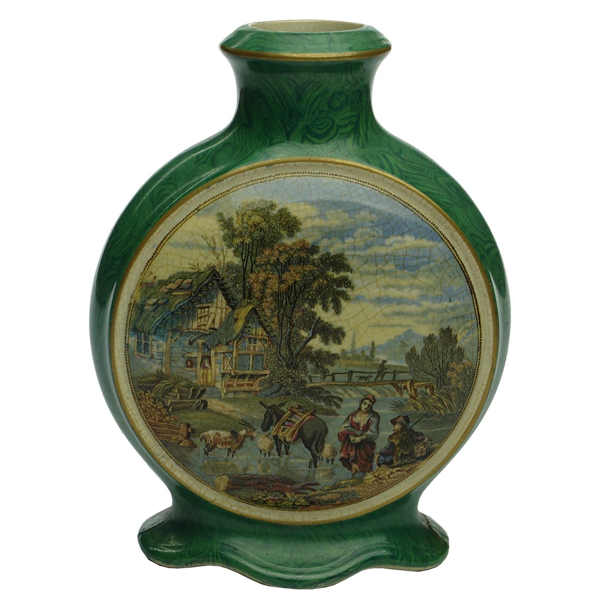 Prattware. Sauce bottle. Stream scene to one side and Farm Animals to the other. Fancy shaped. Green marbled surrounds.