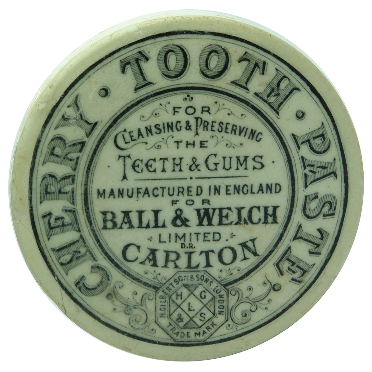 Pot Lid. Ball & Welch, Carlton. Black and White. (Victoria)