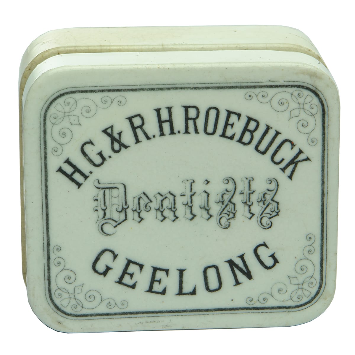 Pot Lid. Roebuck, Geelong. Rectangular. Black & White. (Victoria)