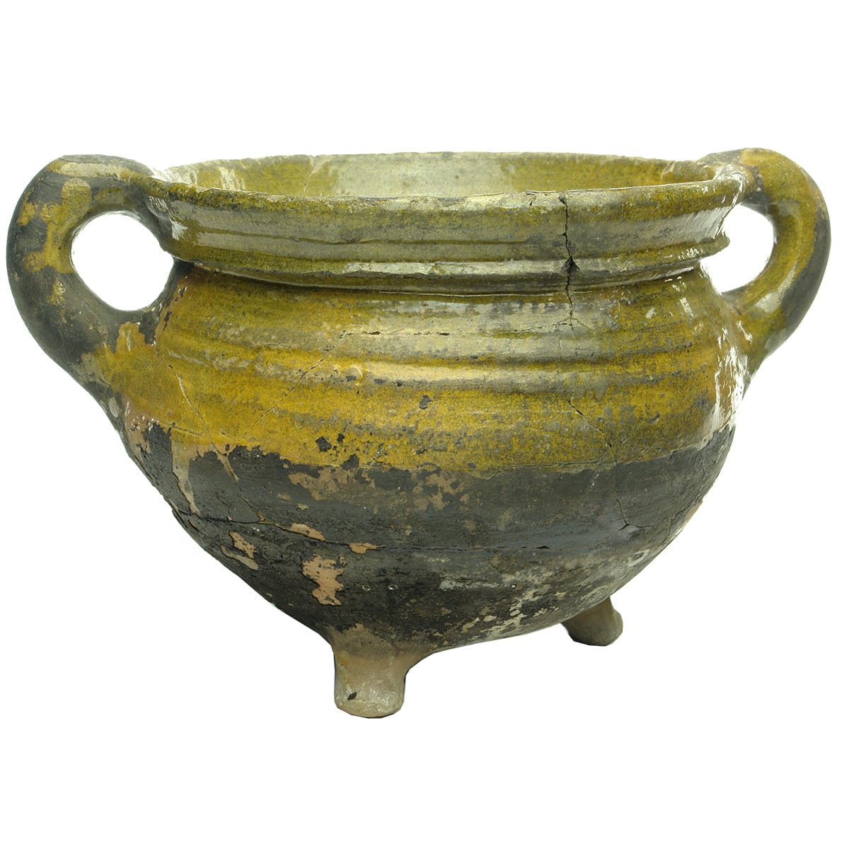 Large lead glazed Dutch cooking pot.