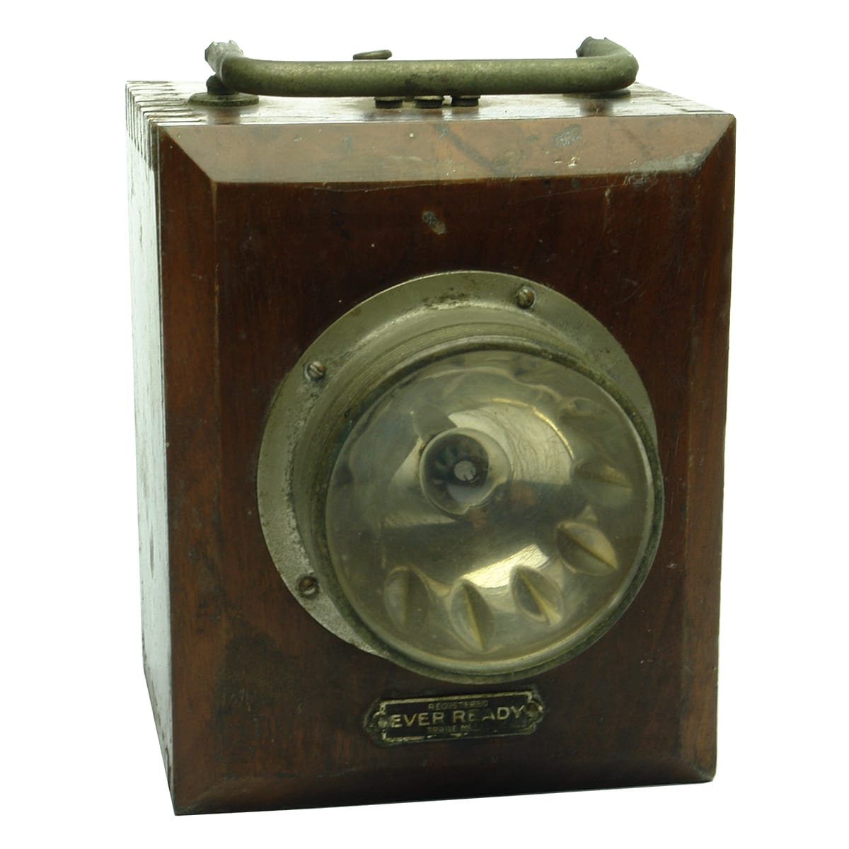 Ever Ready battery lamp. Wooden case with handle and lamp.