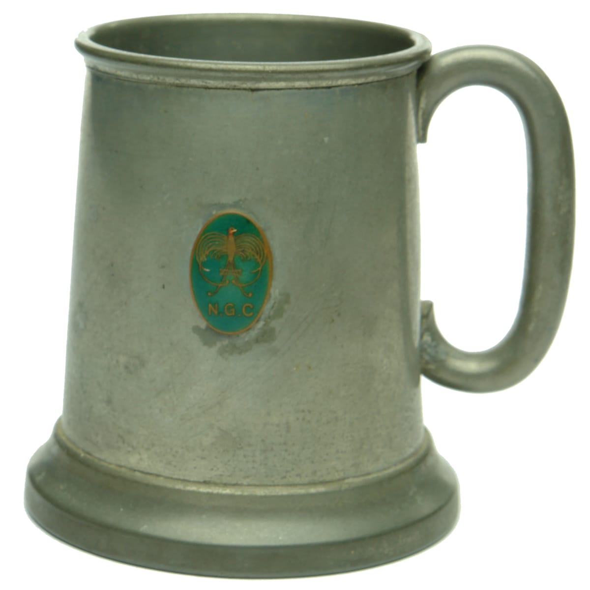 Glass bottomed Pewter Mug. Eagle with Golf Clubs N. G. C. in attached crest.