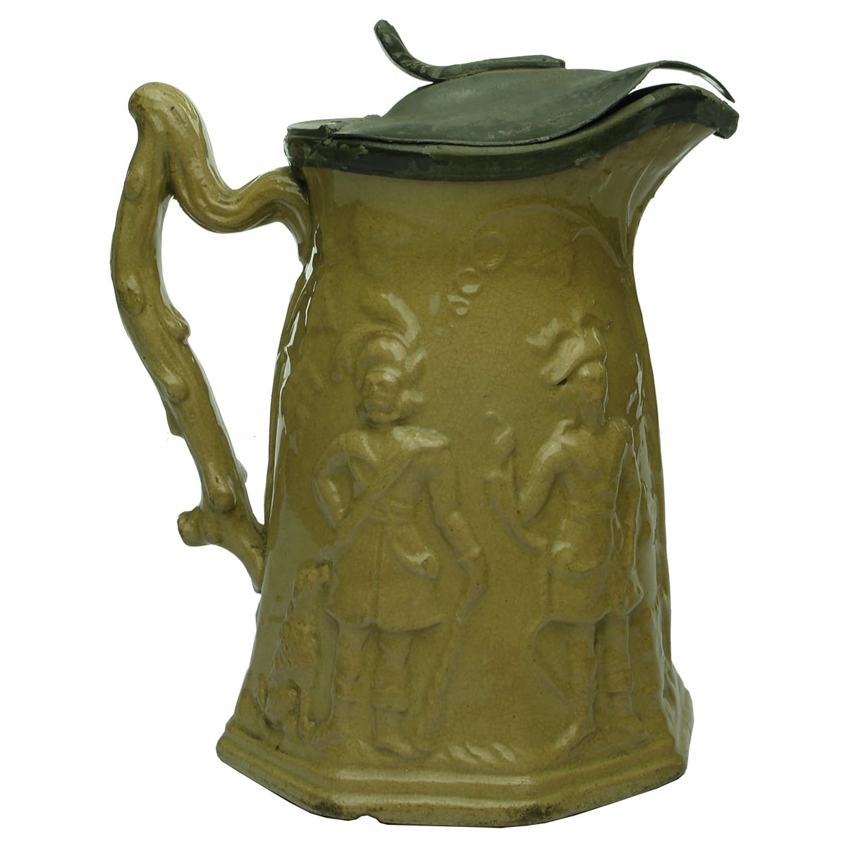 Pottery. Ornate jug with pewter hinged lid and men with dogs.