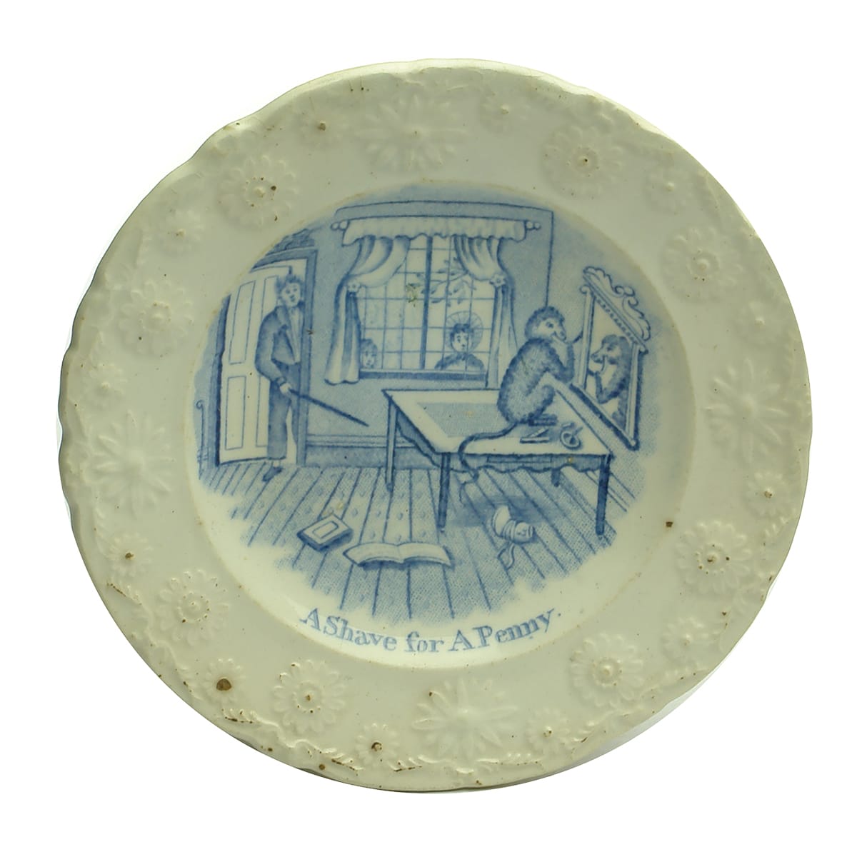 Pottery. Victorian Child's Blue Monochrome Plate: A Shave For A Penny.