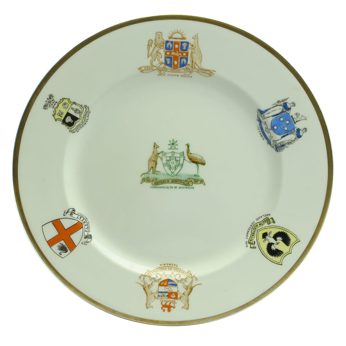 Pottery. Advance Australia State Emblem Plate, Duraline Grafton China made for Gibsons & Paterson, 1959.