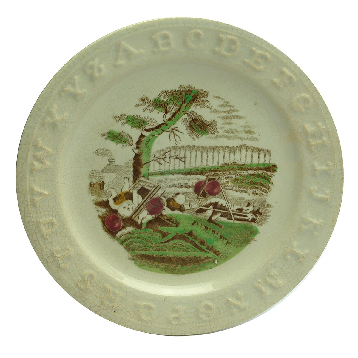 Pottery. Victorian Child's Polychrome Alphabet Plate Depicting Children At Play.