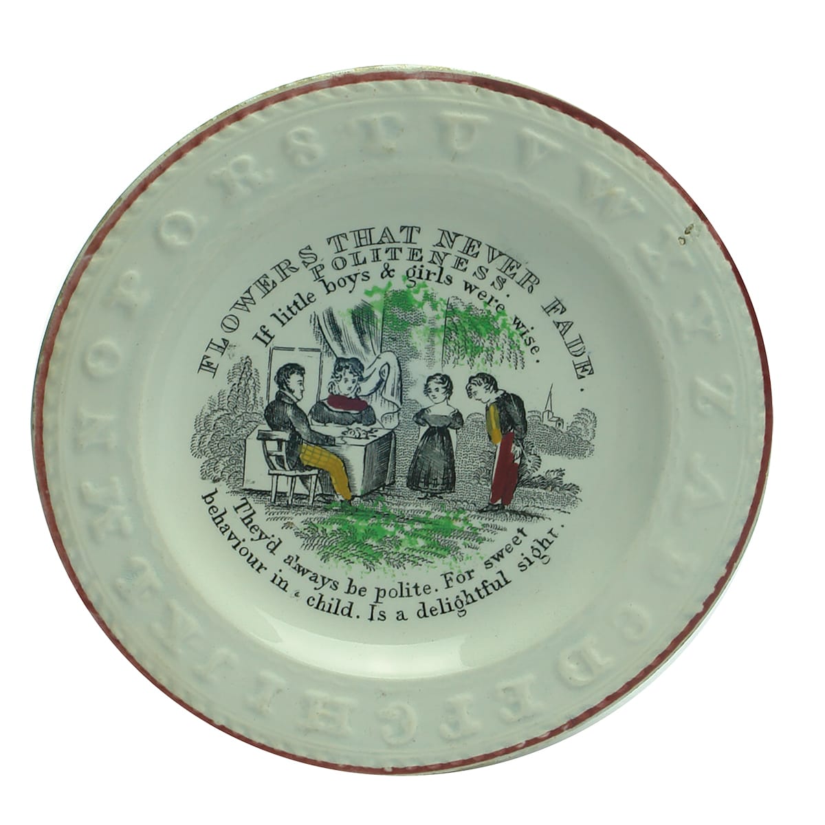 Pottery. Victorian Child's Polychrome Alphabet Plate: Flowers That Never Fade, Politeness.