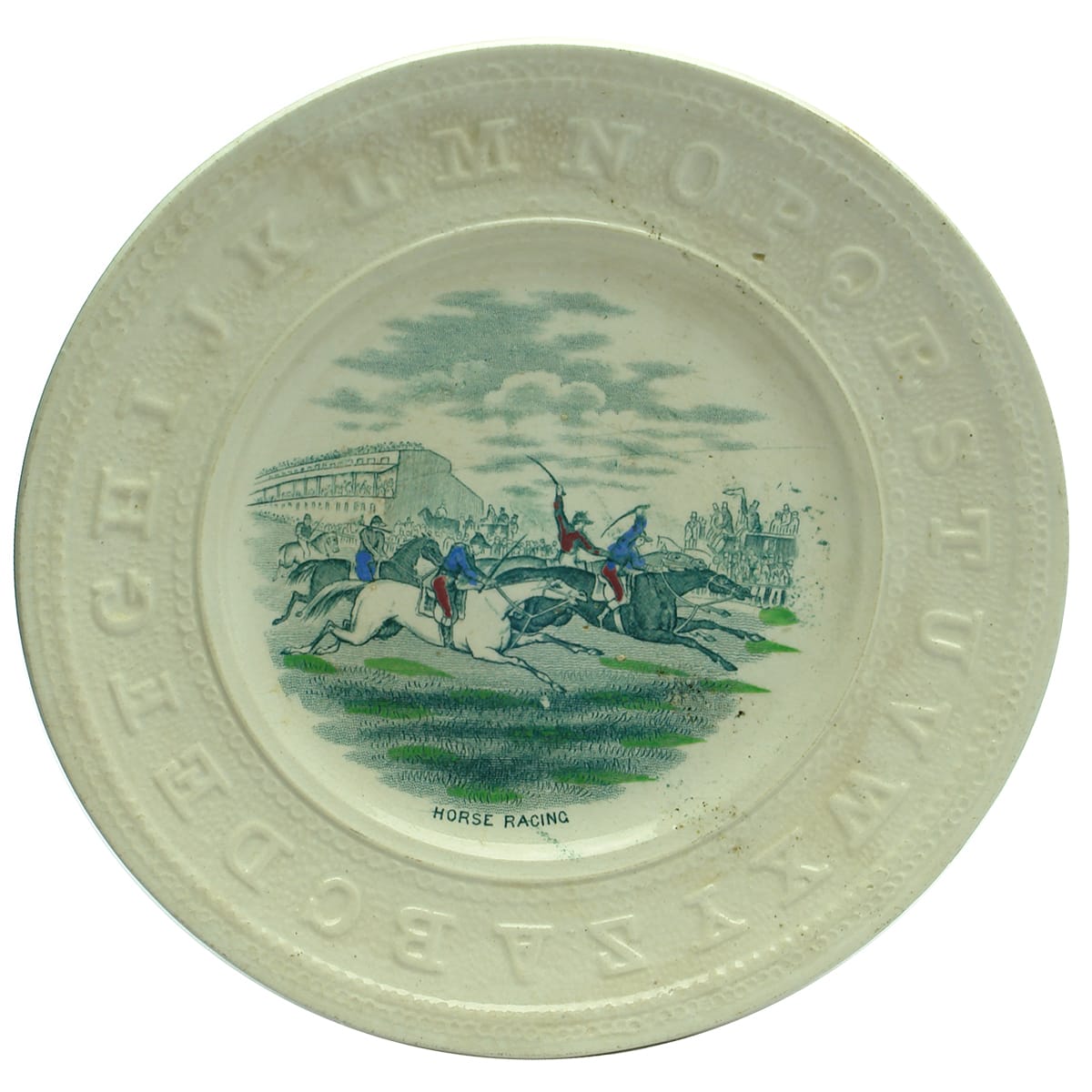 Pottery. Victorian Child's Polychrome Alphabet Plate: Horse Racing.