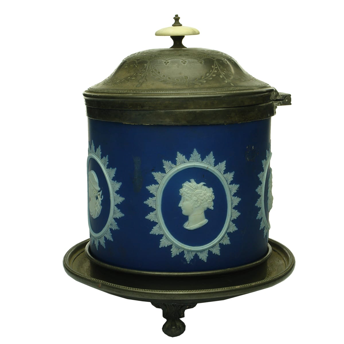 Pottery. Wedgwood Jasperware Tobacco Humidor with Roman Busts, on a pewter stand.