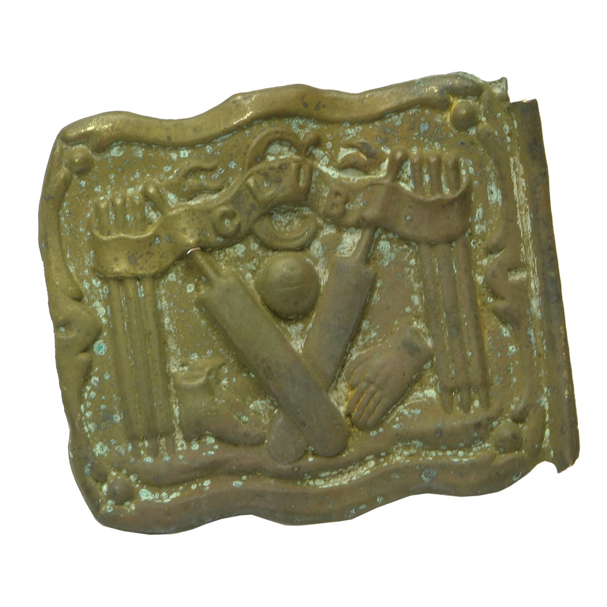 Sporting. Cricket Buckle with Crossed Bats, Stumps, Gloves, Balls, Boots, Etc.