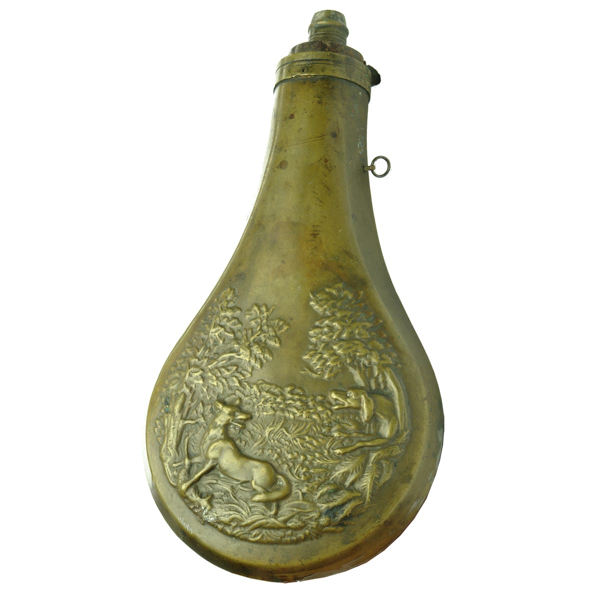 Brass powder flask with two dogs.