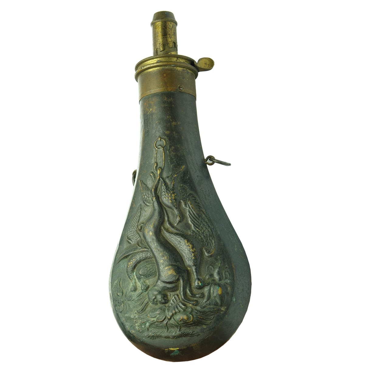 Copper powder flask with birds and some weird legged beast?