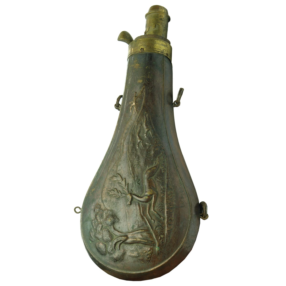 Copper powder flask with two dogs and man on horseback hunting a stag!