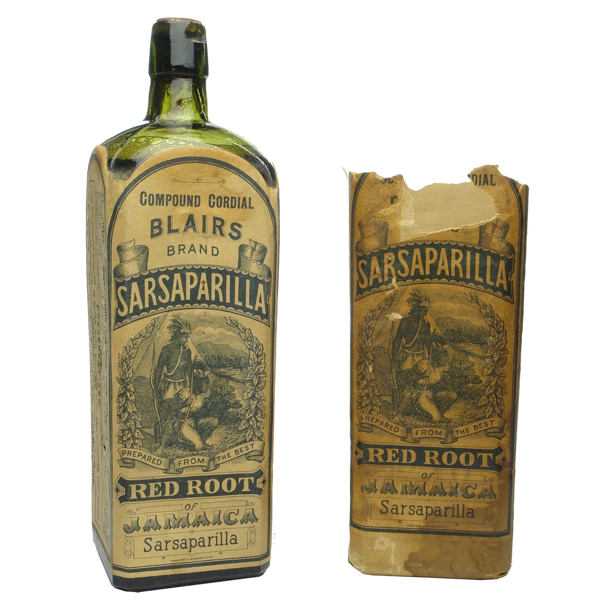 Sarsaparilla. Blairs Brand Sarsaparilla, Bloggs, Melbourne. Green. 26 oz. Labelled, in box, with contents! Not for post. (Victoria)