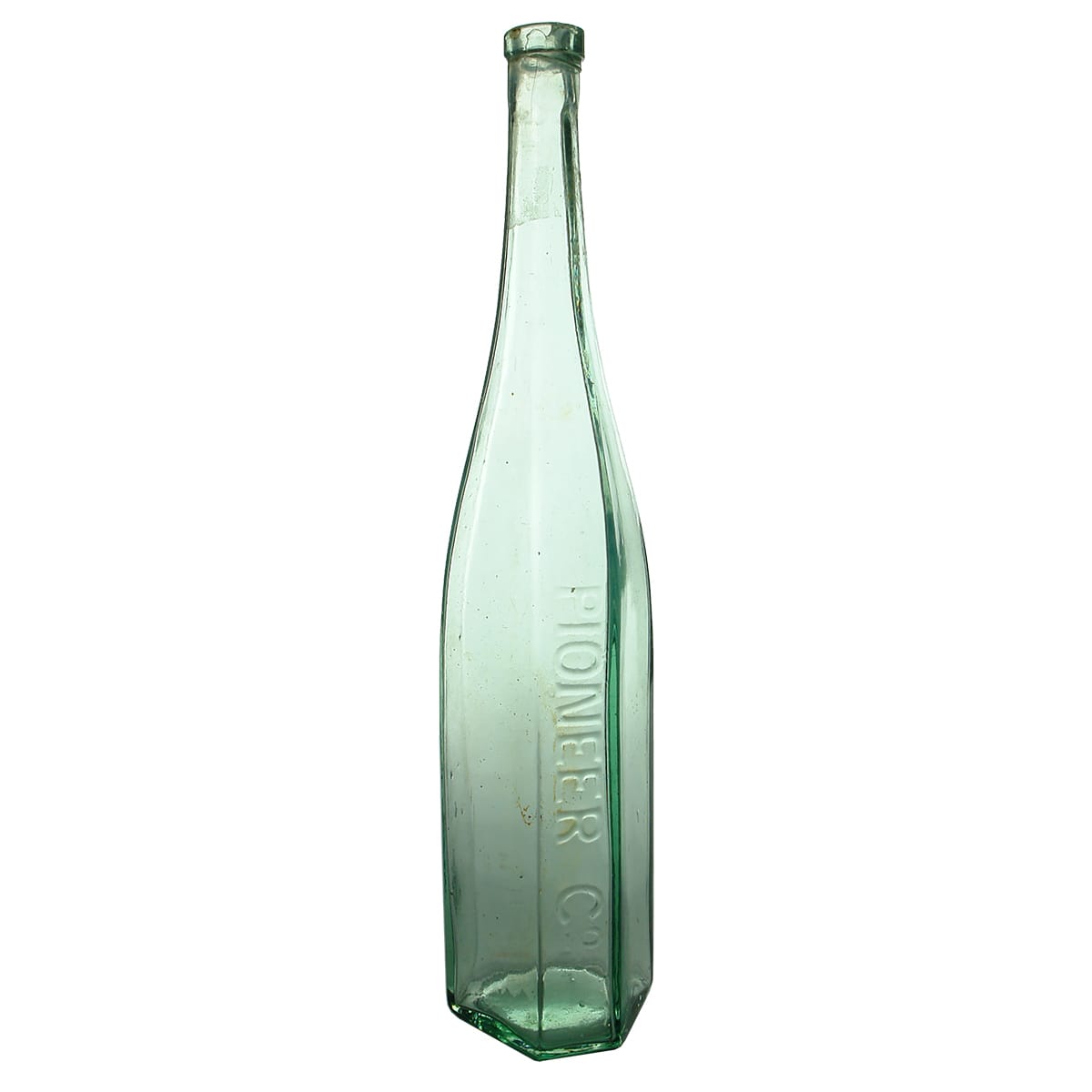 Vinegar. Pioneer Co. Irregular Hexagon. Aqua. 26 oz.