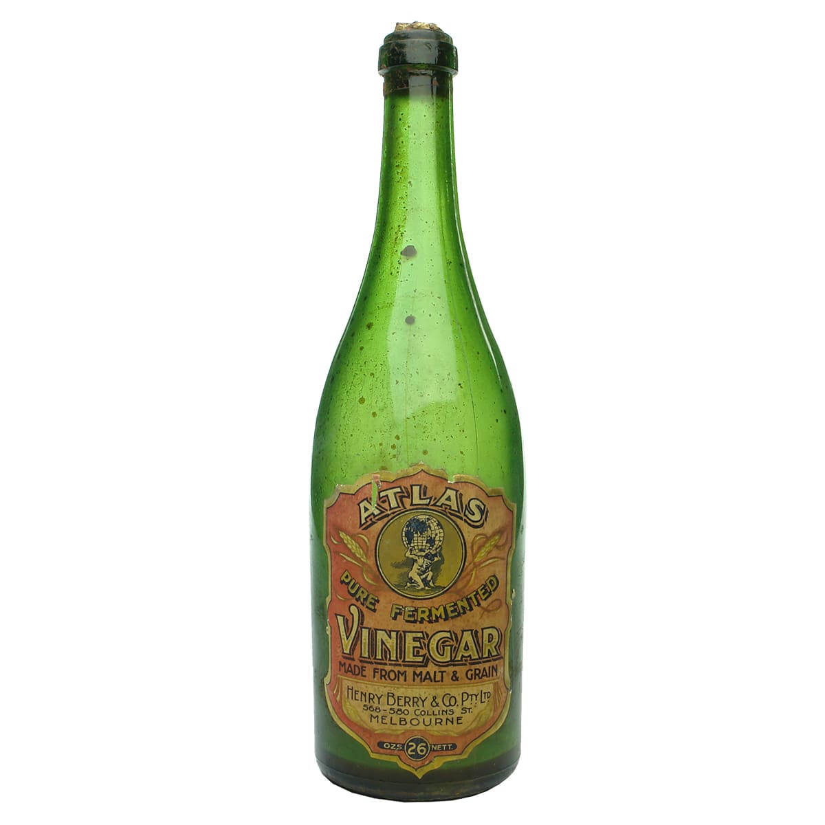 Vinegar. Labelled Atlas Vinegar, Henry Berry, Melbourne. Green. 26 oz. (Victoria)