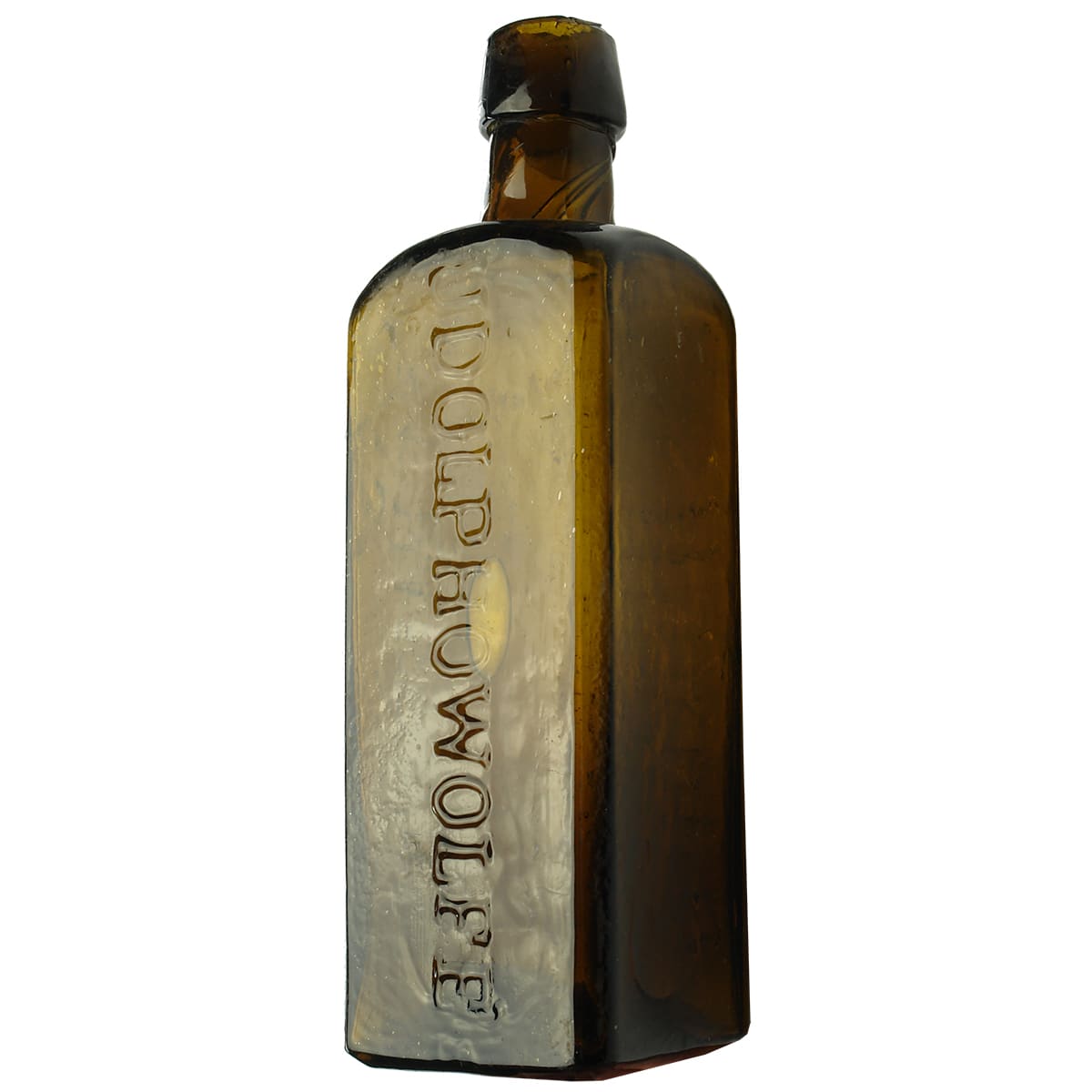 Schnapps. Udolpho Wolfe's. Early variety. Olive/amber. 13 oz.