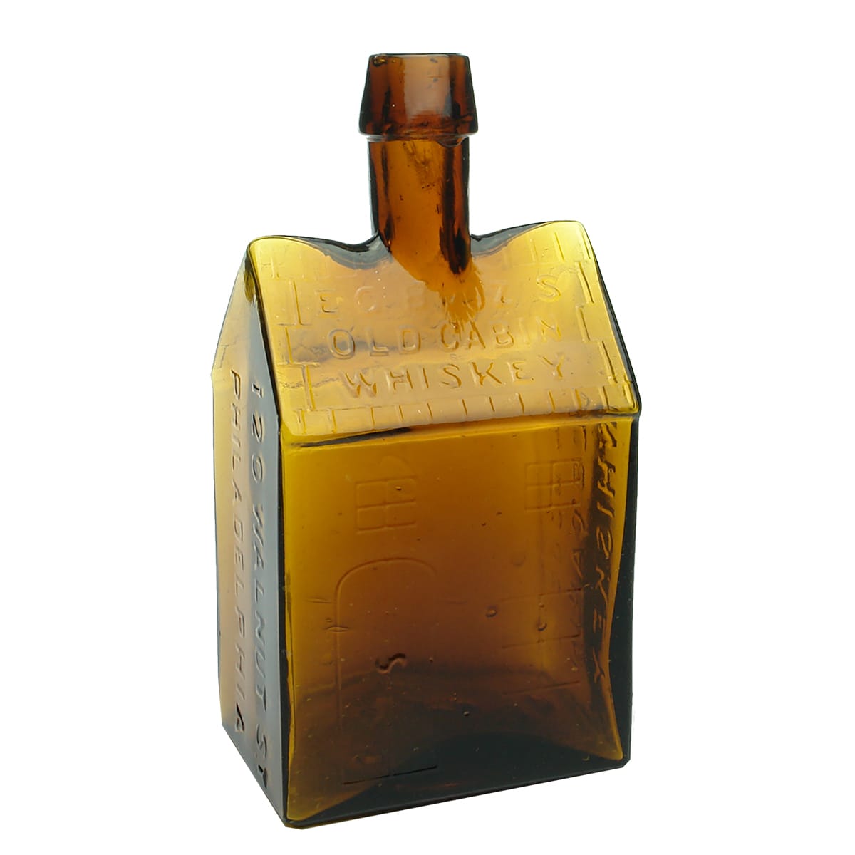 Whiskey.  E. G. Booz's Old Cabin Whisky. 1930s Clevenger. Amber. (United States)