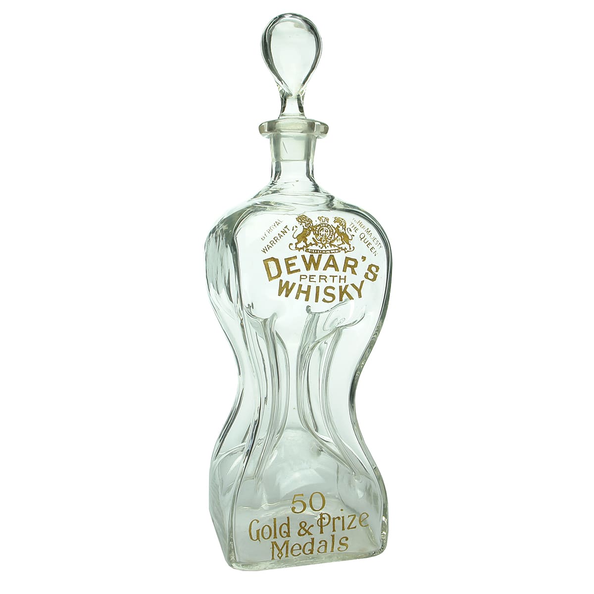 Decanter. Dewar's Perth Whisky. Clear. Pinch waisted shape. Polished Pontil base.