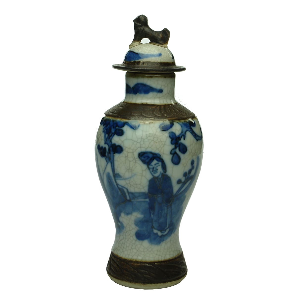 Chinese Blue, White and Brown Lidded Urn.