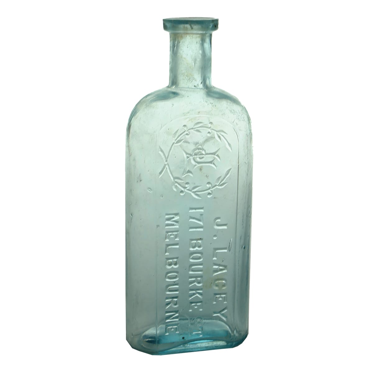 Chemist. J. Lacey, Melbourne. Monogram & Wreath. Ice Blue. 8 oz. 169 mm. (Victoria)