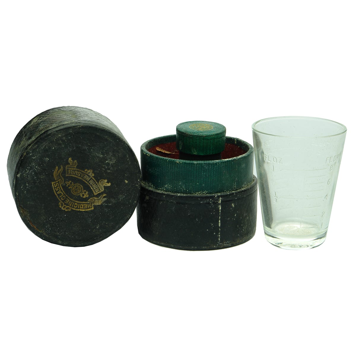 Dose Cup. S. Maw Son & Sons Medicine Glass & Minim Measure in original leather case.