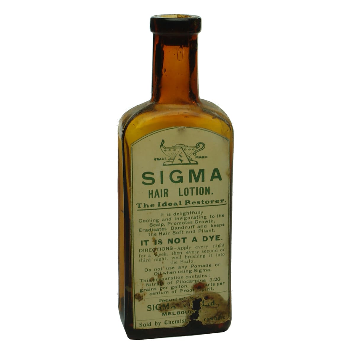 Chemist. Sigma Hair Lotion, Melbourne. Amber. 4 oz. (Victoria)