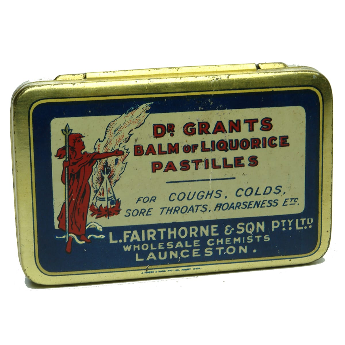 Chemist. Dr Grant's Balm of Liquorice Pastilles, Fairthorne, Launceston. Tin. Multicoloured. (Tasmania)